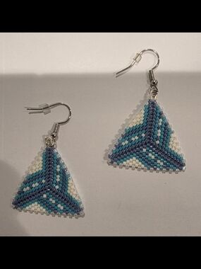 Handmade Blue & White Seed Bead Triangle Dangle Earrings